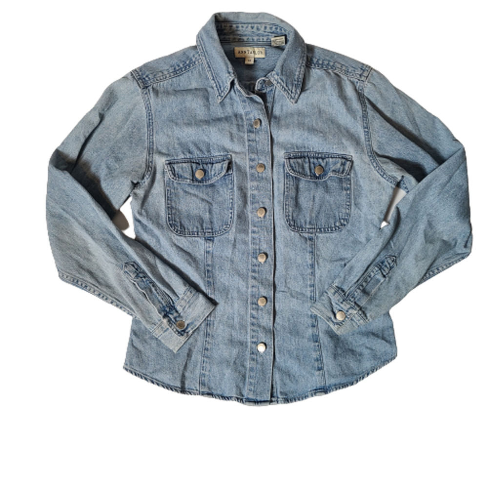 Vintage Ann Taylor Blue Denim Cotton Chambray Button 90s Blouse-Size Medium